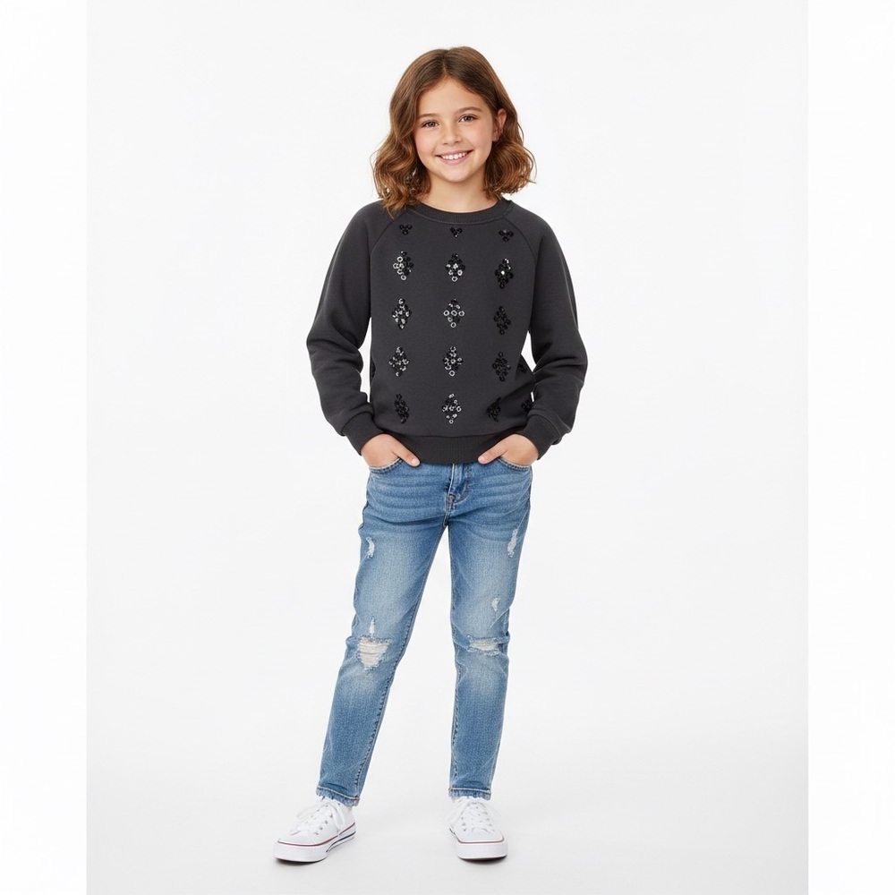 H&M Black Sequin Sweatshirt Girls Size 12/14 Cozy Fleece Pullover Top